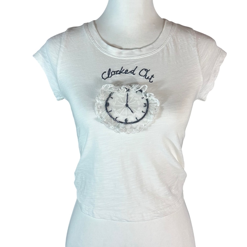 Anthropologie‎ LyreBird Baby T-Shirt Womens XXS White Clocked Out Lace Ruffle